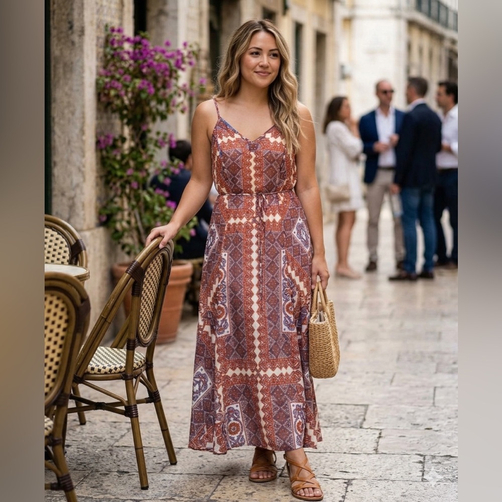 Lucky Brand Rust and Cream Boho Spaghetti-Strap Maxi Dress